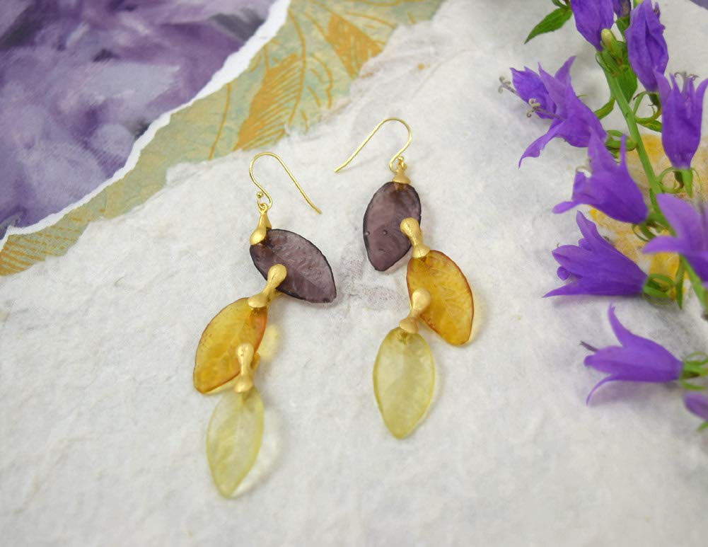 Cast Artisan Glass & Gold-Plated Autumn Leaves Drop Earrings - Perfect for Fall Weddings & Holiday Parties