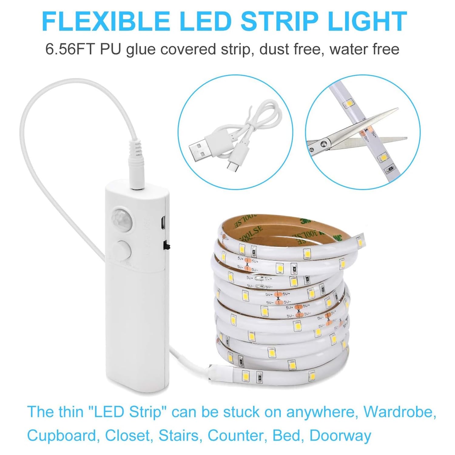 2 Pack Rechargeable Motion Sensor LED Strip Lights - Cool White Under Cabinet Lighting for Closet, Kitchen, Wardrobe | Battery Powered Stick-On Lights for Home, Garage & Stairs (LUXJET Brand)