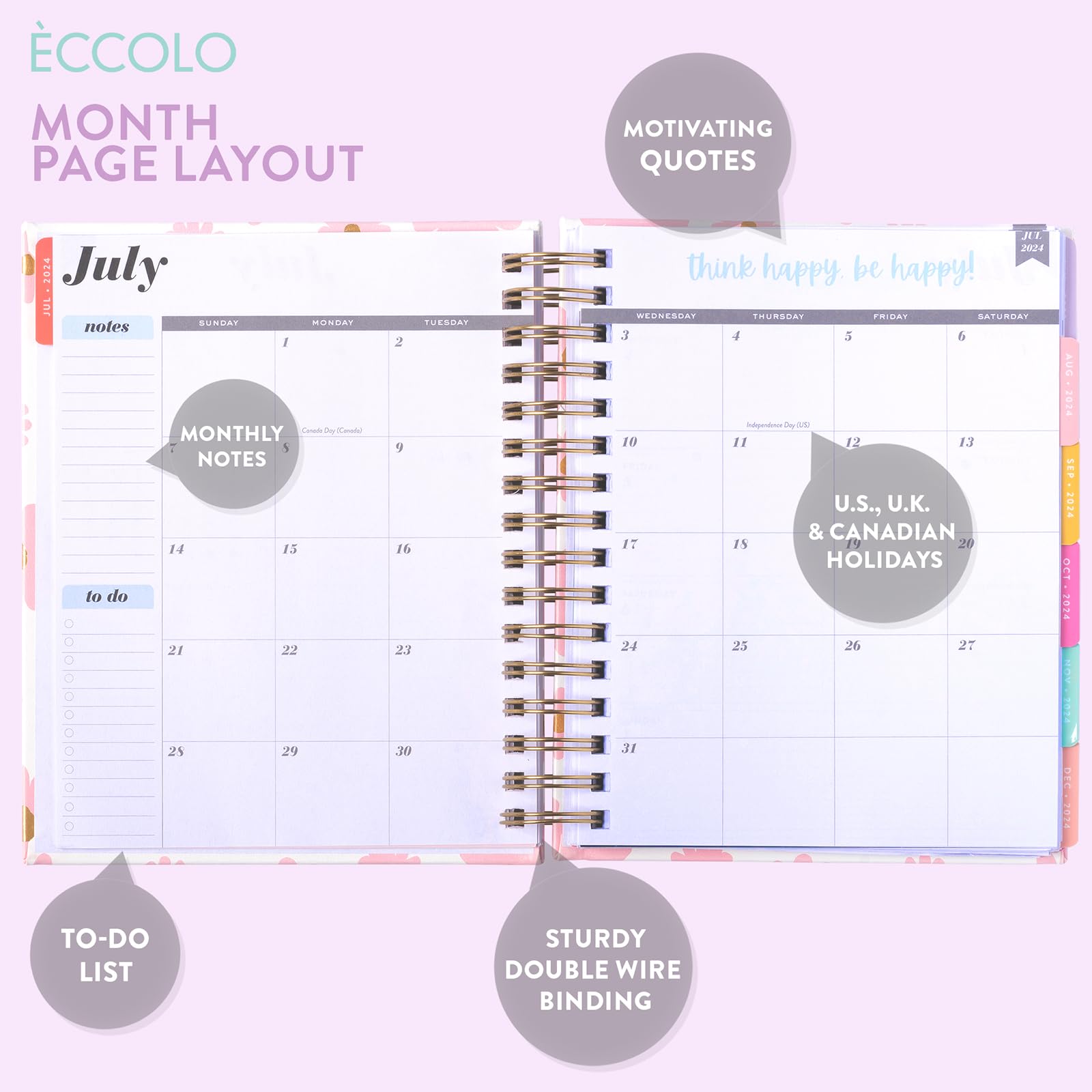 Eccolo 2024-2025 Spiral Planner - 18-Month Weekly & Monthly Academic Planner with Stickers, Floral Design, Hardcover (7.75