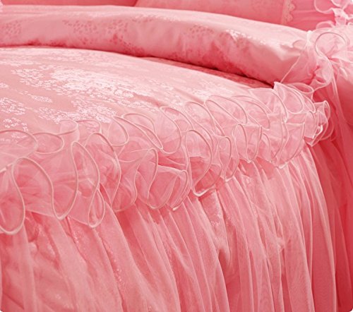 LELVA Korean Style Lace Ruffle Bedding Set - Queen Size Pink Floral Twin Bed Sheets for Girls Room, Romantic Bedroom Decor, Wedding Gift Idea