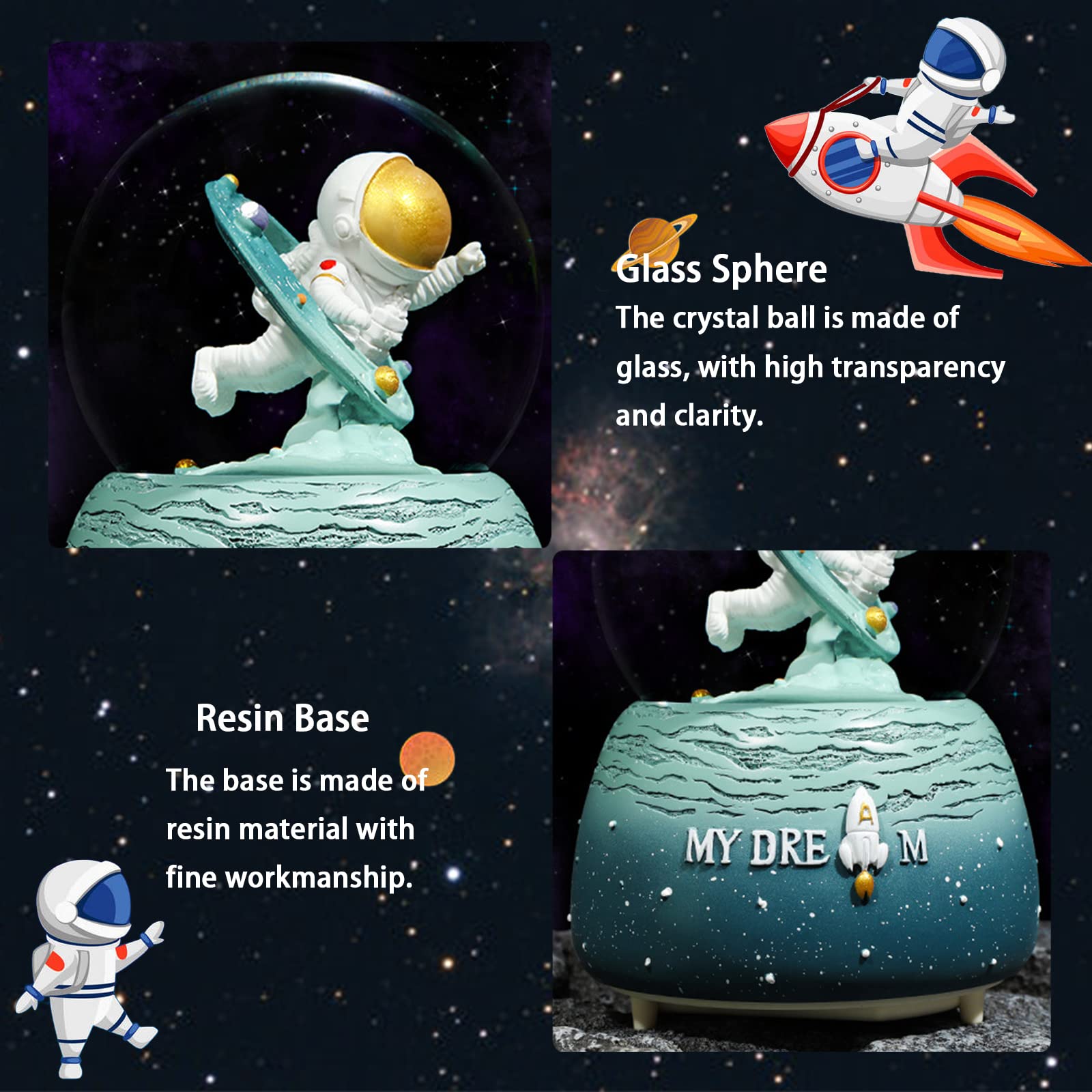 80MM Musical Glitter Astronaut Snow Globe with Starry Sky Design - Perfect Space-Themed Gift for Kids, Boys & Girls | Birthday Present & Home Decoration for Space Enthusiasts | Ideal for Bedroom Decor, Playroom Accent & Educational STEM Toy