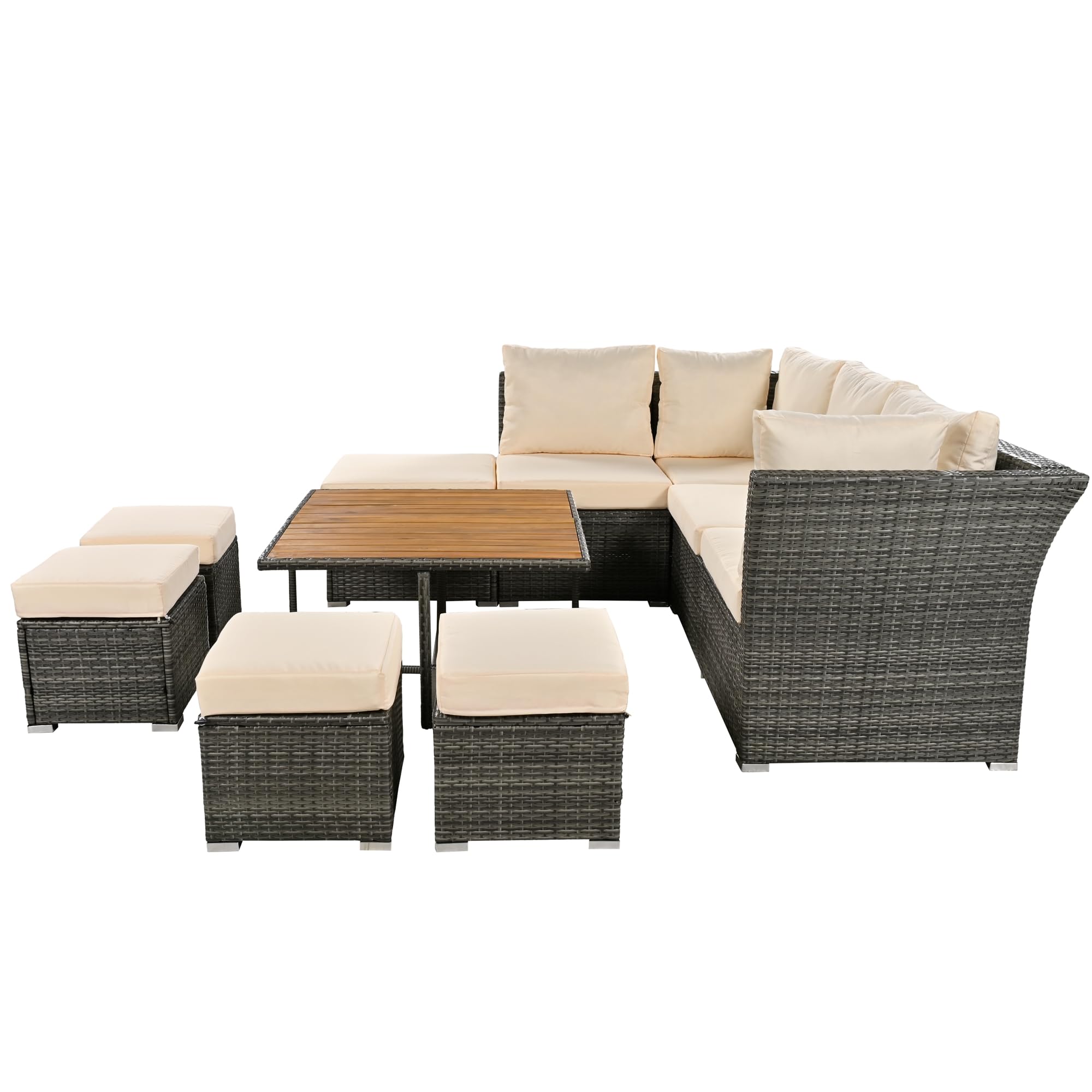 Merax 9-Piece All-Weather Patio Conversation Set - Outdoor Rattan Wicker Sectional Sofa with Solid Wood Coffee Table & Ottomans, Beige - Perfect for Backyard, Garden, Poolside & Terrace Relaxation