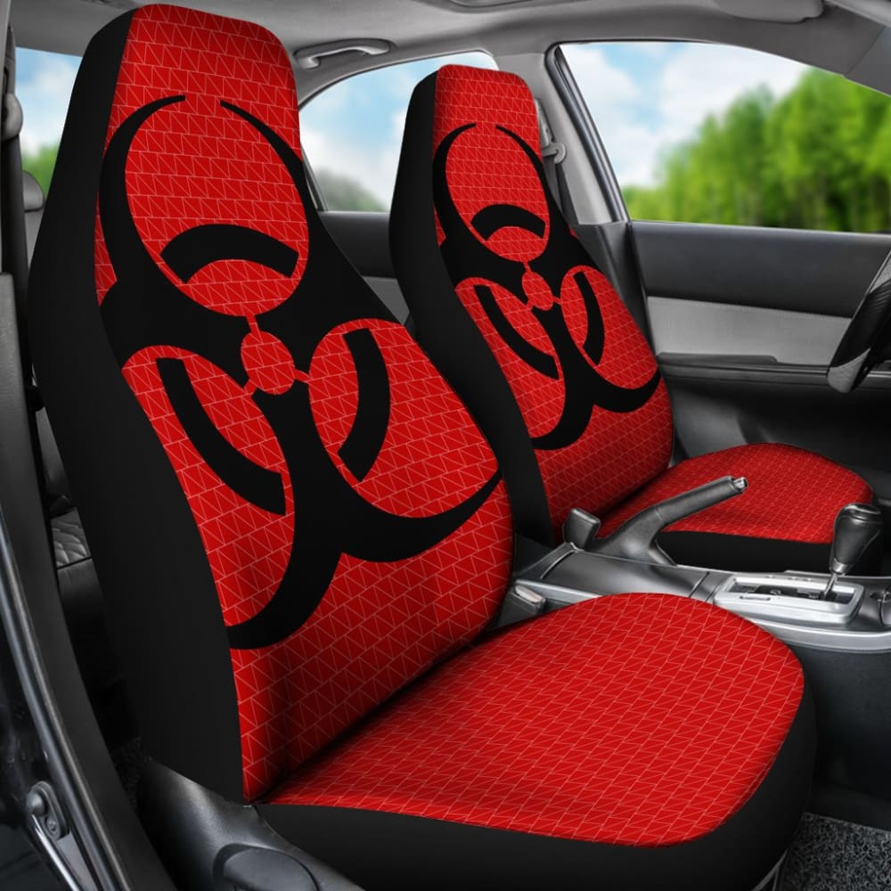 Black Biohazard Sign Red Background Car Seat Covers - Waterproof & Non-Slip Universal Fit for Cars, Trucks & SUVs - Perfect for Halloween, Cosplay & Post-Apocalyptic Themed Events