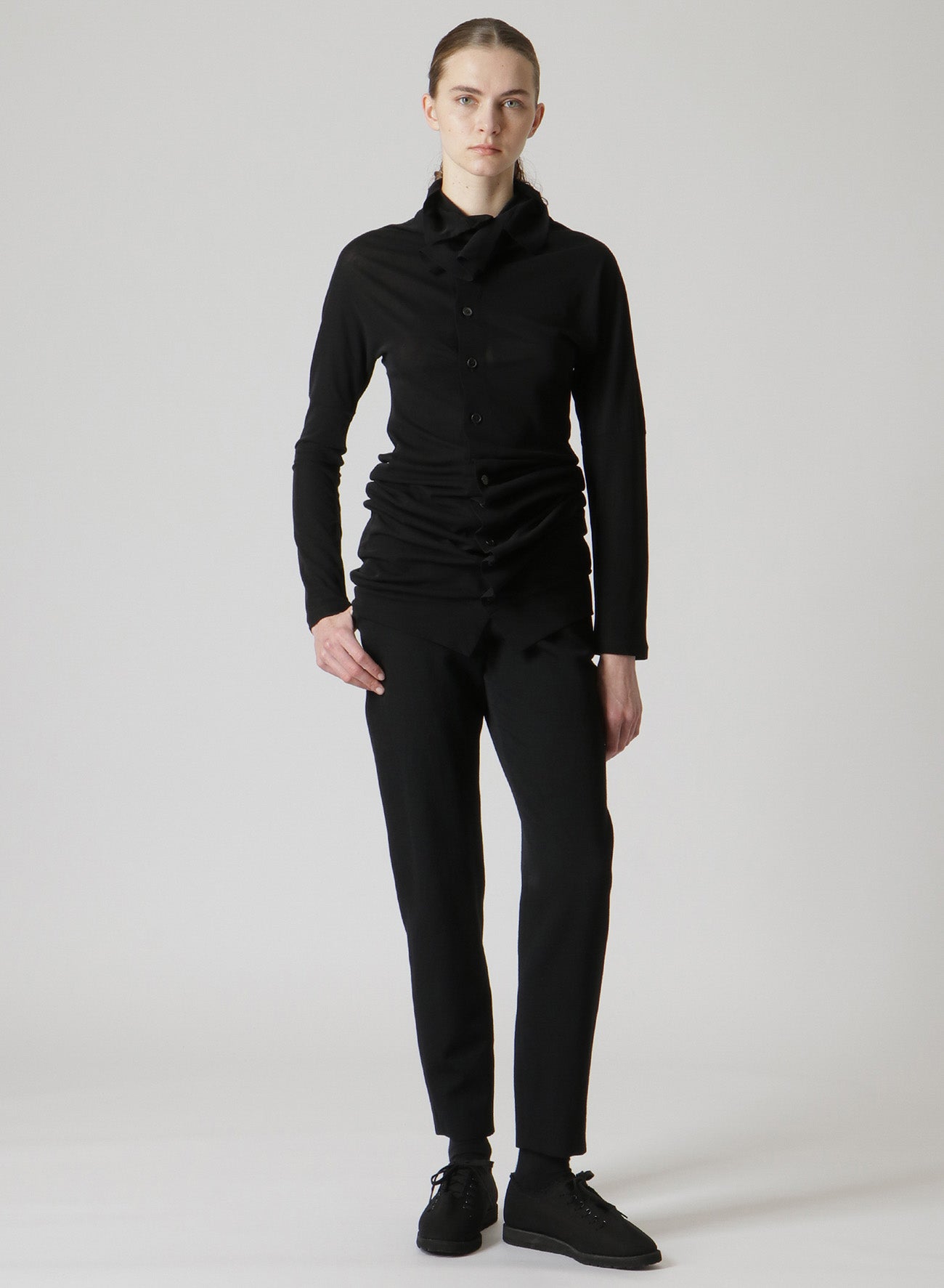 COSMORAMA Women's Cotton Long Sleeve Button Up Turtleneck Top - Elegant Draped Blouse for Office, Date Night & Fall Layering