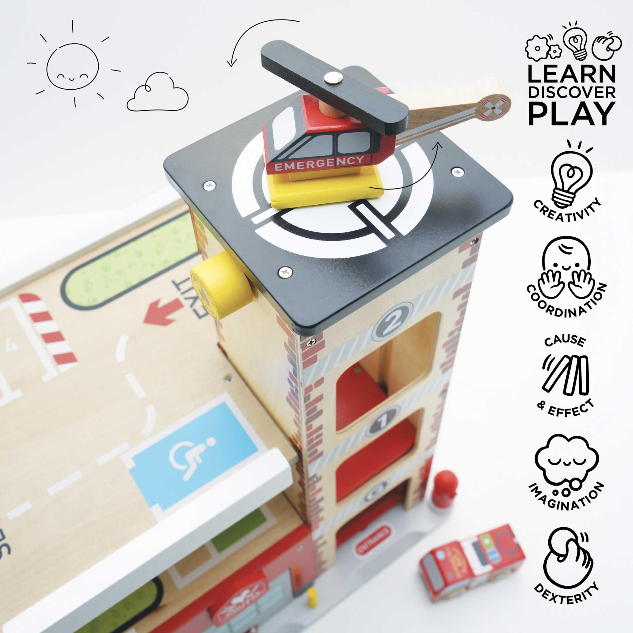 Le Toy Van Wooden 3-Story Fire & Rescue Garage Toy Car Play Set with Vehicles - Pretend Play Toy for Kids Ages 3+ (TV453) - Perfect for Imaginative Play, Firefighter Role-Playing & Early Childhood Development