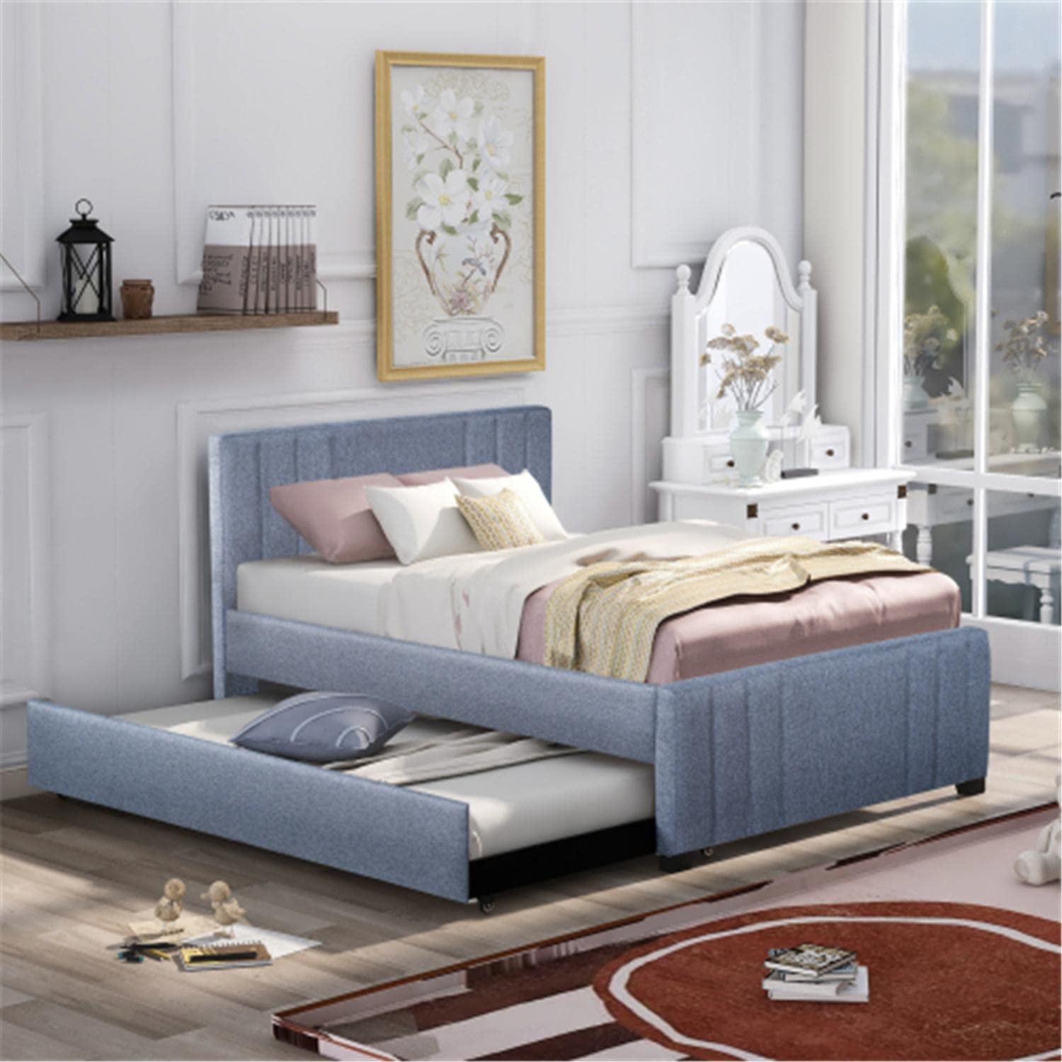 Multi-Utility Platform Bed Frame with Trundle - Space Saving & Easy Assembly for Small Bedrooms