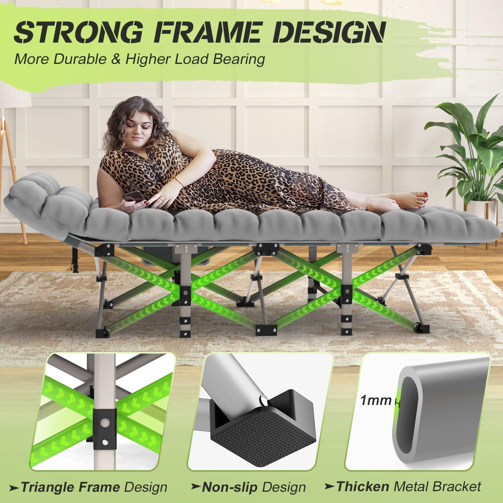Suteck Heavy Duty Camping Cot for Adults - 500LBS Capacity Portable Folding Bed with Soft Pad & Carry Bag - 1200D Double Layer Oxford Fabric - Ideal for Camping, Hiking, Travel, Beach, Office Nap & Home Use (Grey)