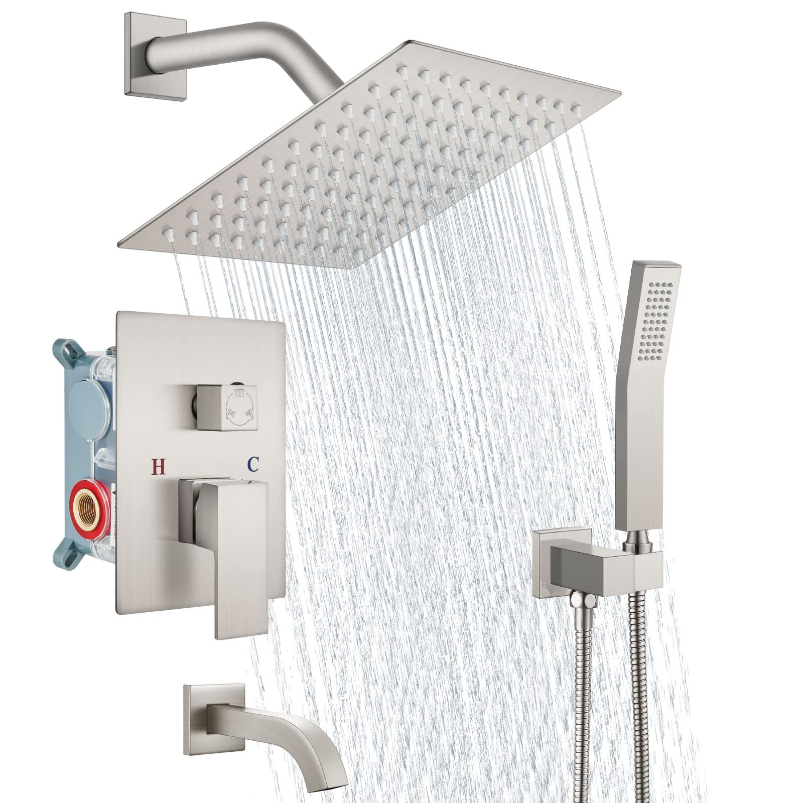 Aolemi Luxury Rainfall Shower System Combo Set - 8 Inch Shower Head, Handheld Shower, Tub Filler & Wall Mount Mixer Faucet with Rough-in Valve in Brushed Nickel | Perfect for Spa-Like Bathroom Renovations & Modern Home Upgrades