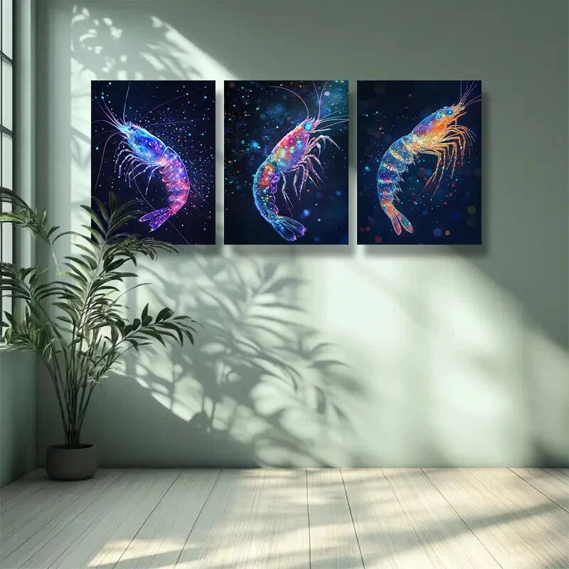 3pcs Shrimp Dream Art Painting - Metal Print Wall Decor Ready to Hang - Perfect for Living Room, Bedroom & Office Decor