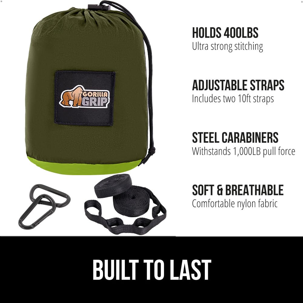 GORILLA GRIP Heavy Duty Camping Hammock - 400lb Capacity with Reinforced Tree Straps | Portable Travel Swing for Outdoor Adventures | Easy Setup 9x4.5 FT Green Hammock | Perfect for Backpacking, Beach Lounging & Backyard Relaxation