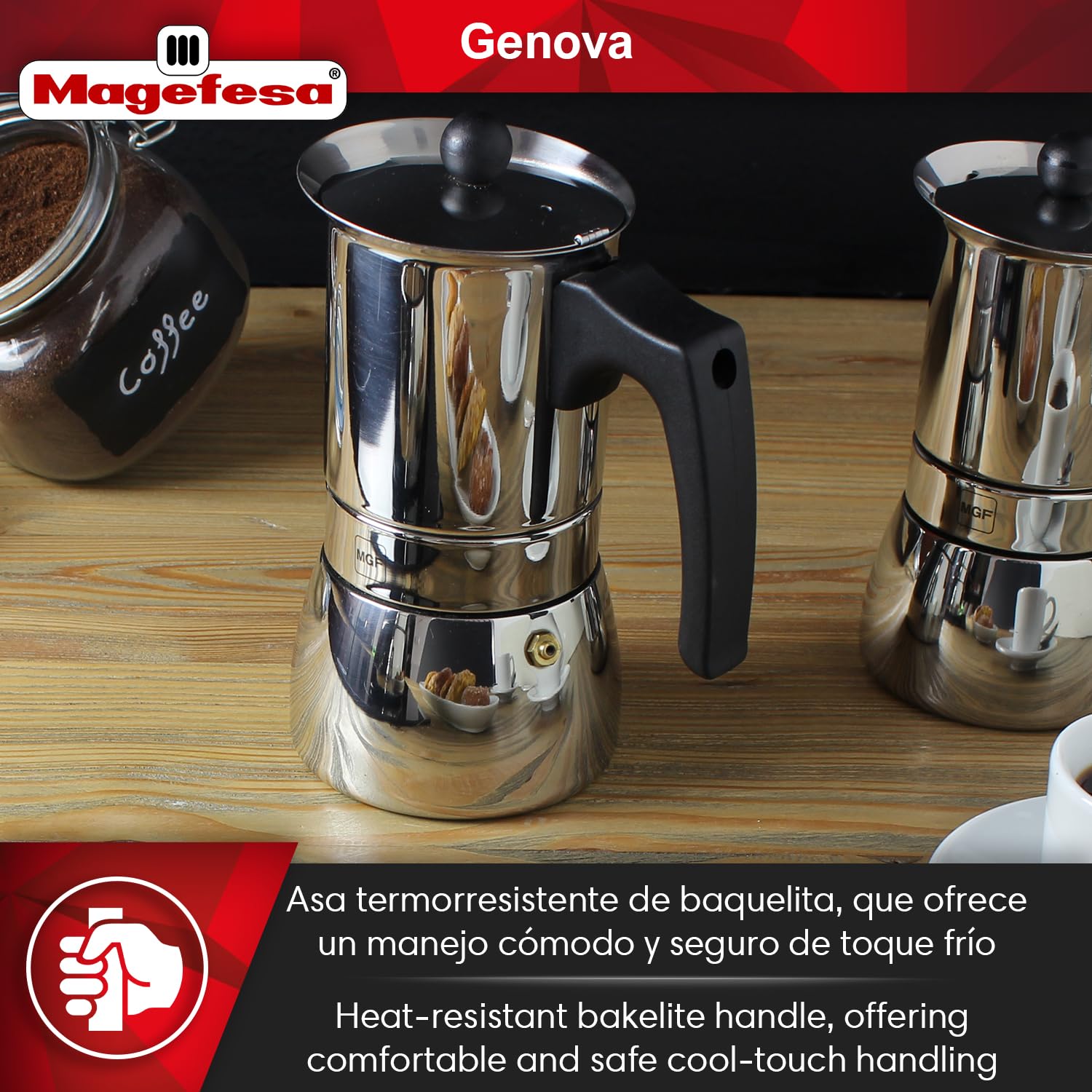 MAGEFESA Genova Stovetop Espresso Maker - 4 Cup (6.5 oz) Italian Moka Pot - 18/10 Stainless Steel Induction Compatible Coffee Maker - Perfect for Home, Office & Camping Use