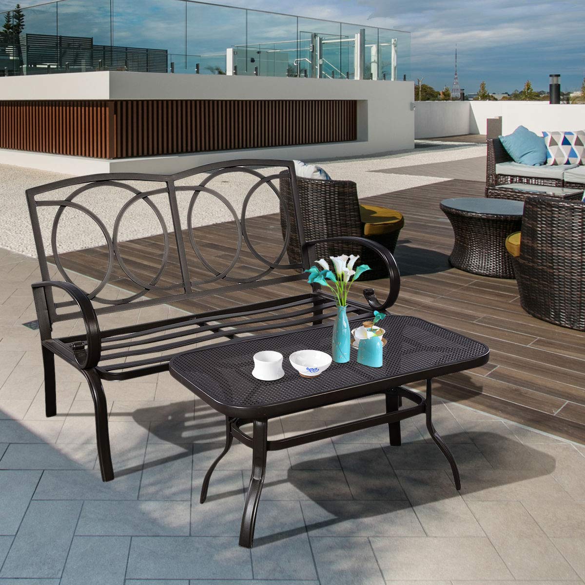 HAPPYGRILL 2-Piece Outdoor Loveseat Set with Coffee Table - Patio Garden Bench Sofa with Cushions for Backyard, Poolside & Balcony Relaxation