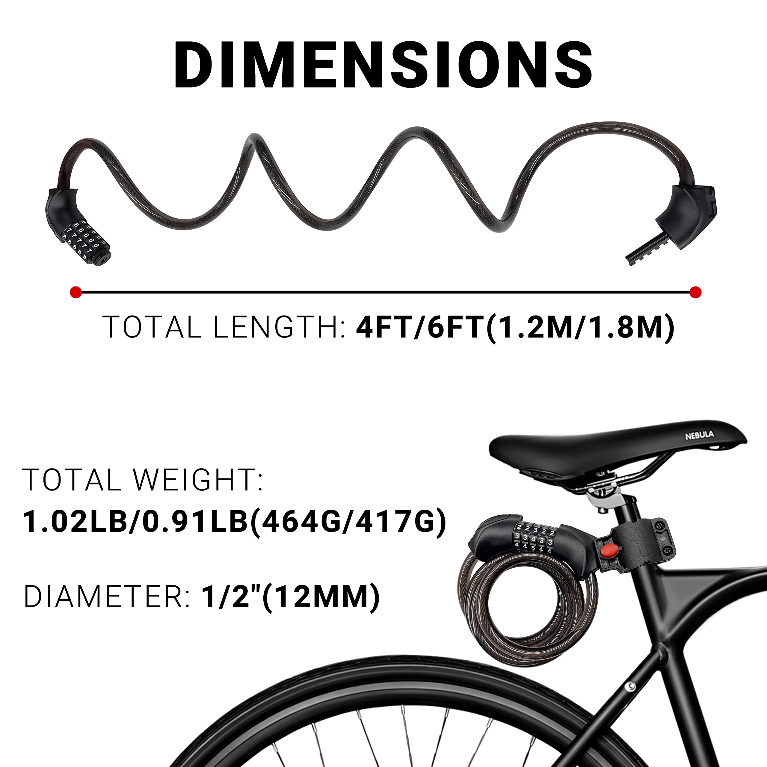 Himiway Heavy Duty 12mm Bike Cable Lock with 5-Digit Combination - 4 ft Anti-Theft High Security Bicycle Lock for Road & Mountain Bikes - Perfect for Outdoor Cycling, Commuting, and Equipment Protection
