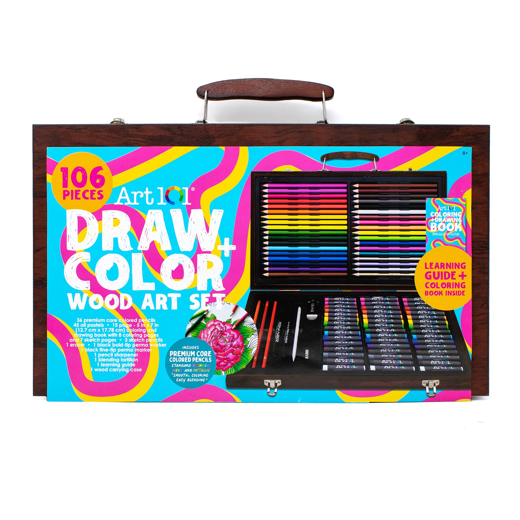 Art 101 Ultimate Drawing & Coloring Wooden Art Set - 106 Piece Complete Artist Kit for Kids & Adults - Perfect for Sketching, Shading, and Creative Art Projects