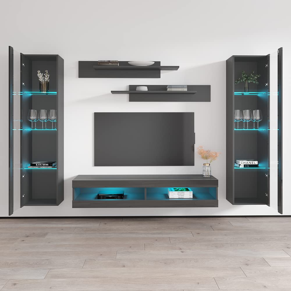 Modern Floating TV Stand with Storage & LED Lights - Wall-Mounted Entertainment Center for Bedroom & Living Room - Grey Meble Furniture Fly AB3 34