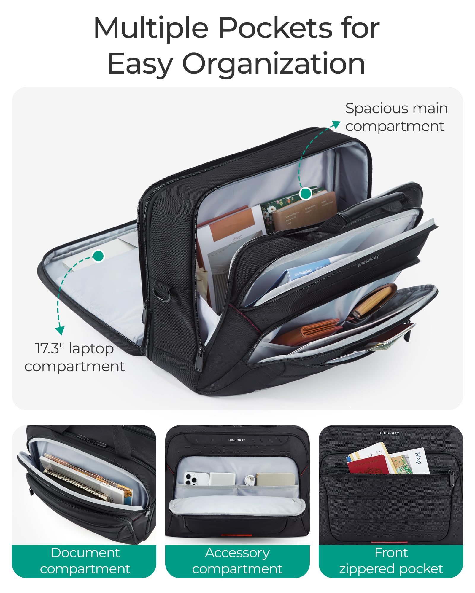 BAGSMART 17.3 Inch Expandable Laptop Briefcase for Men - Water-Resistant Business Travel Computer Bag with USB Charging Port - Perfect for Office, Commuting & Airplane Carry-On (Black)