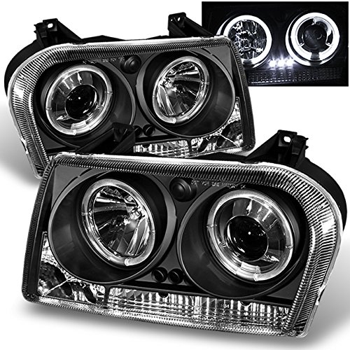AKKON Black Bezel Dual Halo Rings Projector Headlights for Chrysler 300 Sedan - Halogen Type Replacement Lamps Pair - Upgrade for Night Driving & Custom Style