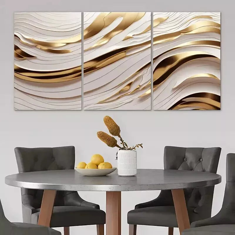 3-Piece Golden & White Abstract Wave Wall Art Set - Framed Canvas 50x70cm (20x28in) - High Quality Print - 100% Australian Made - Ready to Hang - Perfect for Living Room, Bedroom & Office Decor