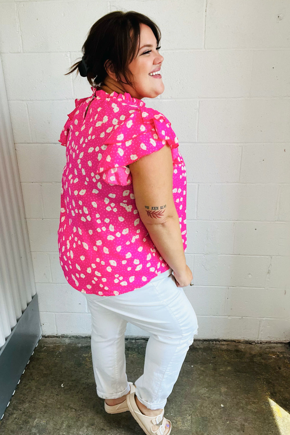 Stylish Hot Pink Floral Print Mock Neck Blouse with Double Flutter Sleeves - Perfect for Spring Outfits, Date Nights & Office Wear