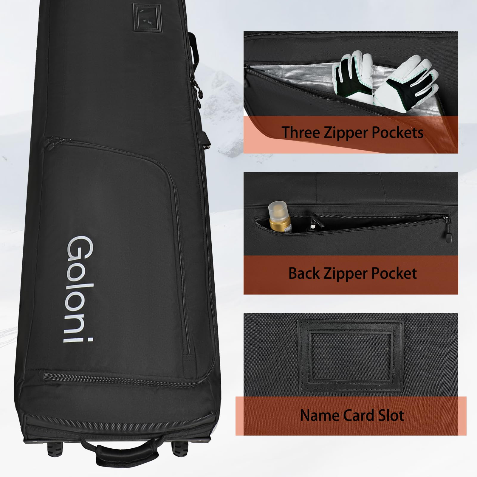 **Goloni Wheeled Ski Bag for Air Travel - Padded Snowboard Bag with 600D Waterproof Fabric, Foldable Design Fits 2 Pairs of Skis - Perfect for Winter Sports & Airplane Travel**