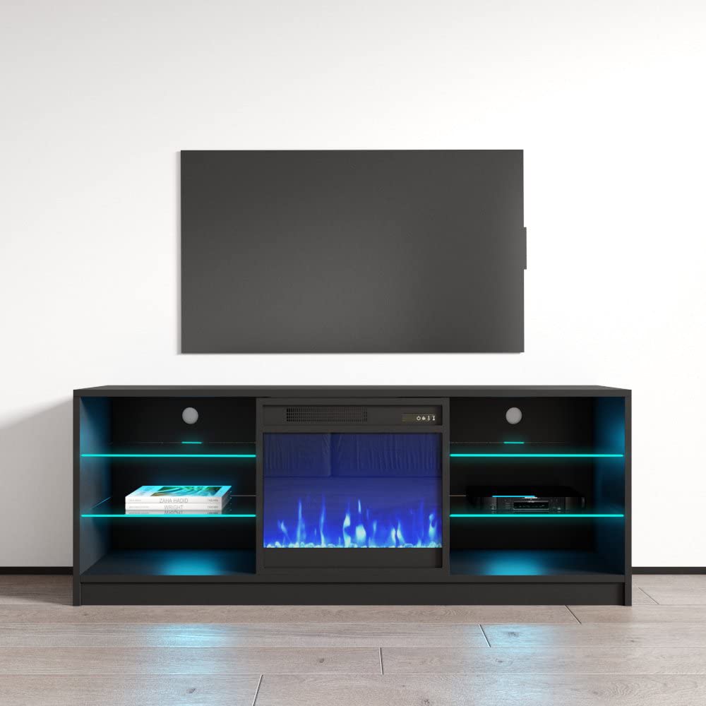 Modern Manhattan TV Stand with Electric Fireplace & Storage Cabinets - 65