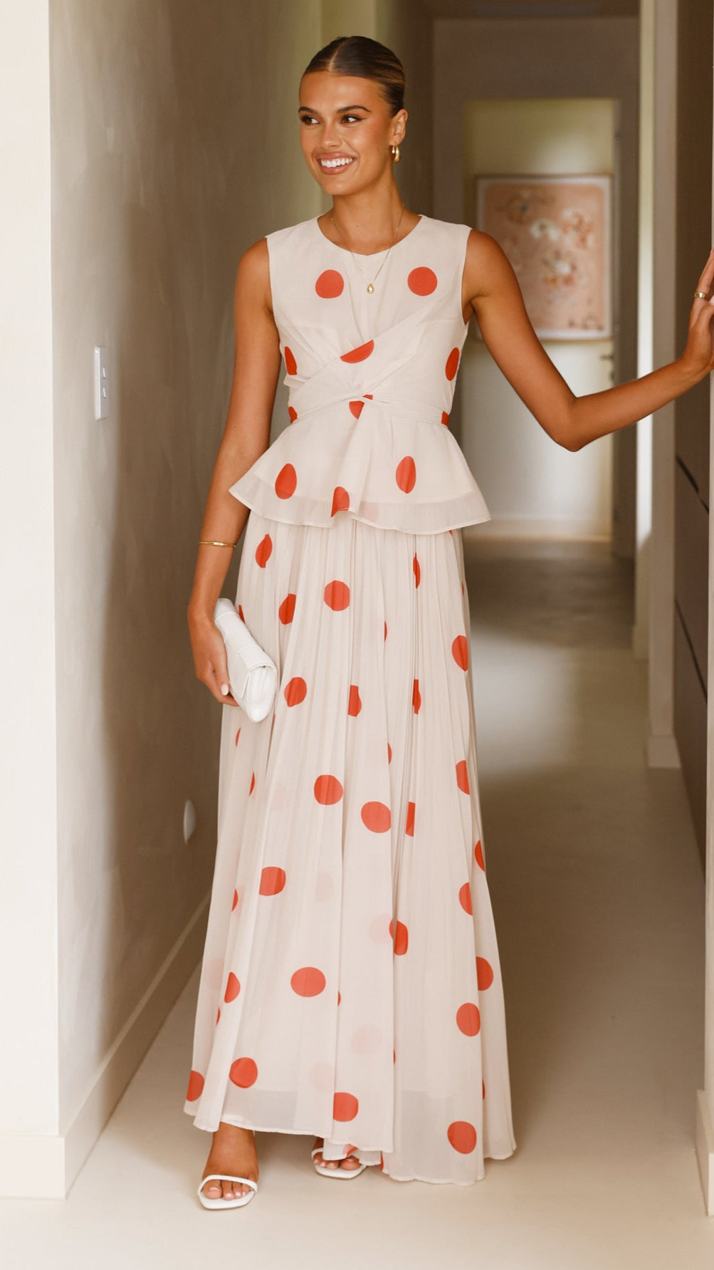 Cambree Peplum Top and Maxi Skirt Set - Beige & Red Polka Dot Outfit for Women | Casual Summer Dress, Boho Chic Style, Beach Vacation Outfit