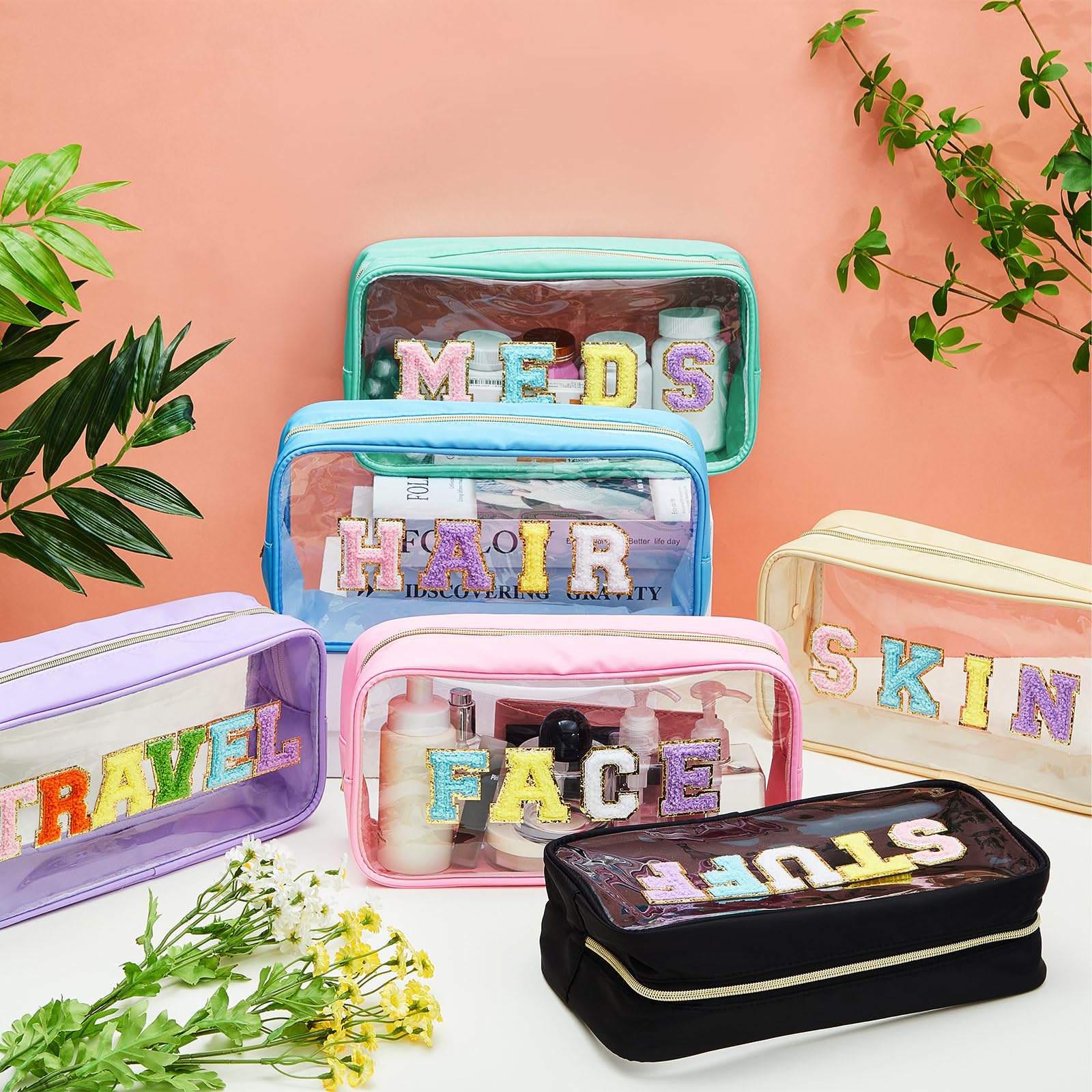 6 Pack Large Chenille Letter Cosmetic Bags - Preppy Patch PVC Nylon Makeup Pouch with Zipper | Glitter Clear Travel Toiletry Storage for Women | Perfect for Gym, Vacation & Daily Organizer
