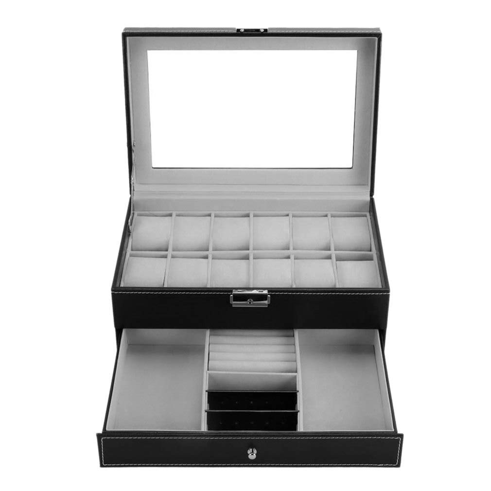 12-Slot PU Leather Watch Box - Double Layer Storage for Watches & Jewelry - Perfect for Travel & Display