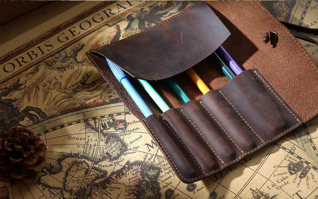 Personalized Brown Leather Pencil Roll Holder - Custom Name Engraved Pouch for Artists & Students - Perfect for School, Office & Travel Organization