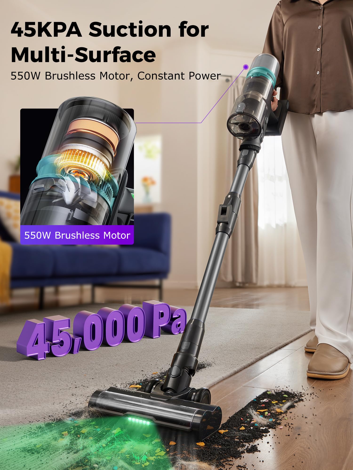 Proscenic P16 Cordless Stick Vacuum Cleaner - 550W 45KPA Powerful Suction, 55 Min Runtime, 180° Bendable Wand, Green LED & Tangle-Free Brush - Lightweight Rechargeable Vacuum for Home, Pet Hair (Grey) | Perfect for Hard Floors, Carpets & Pet Owners