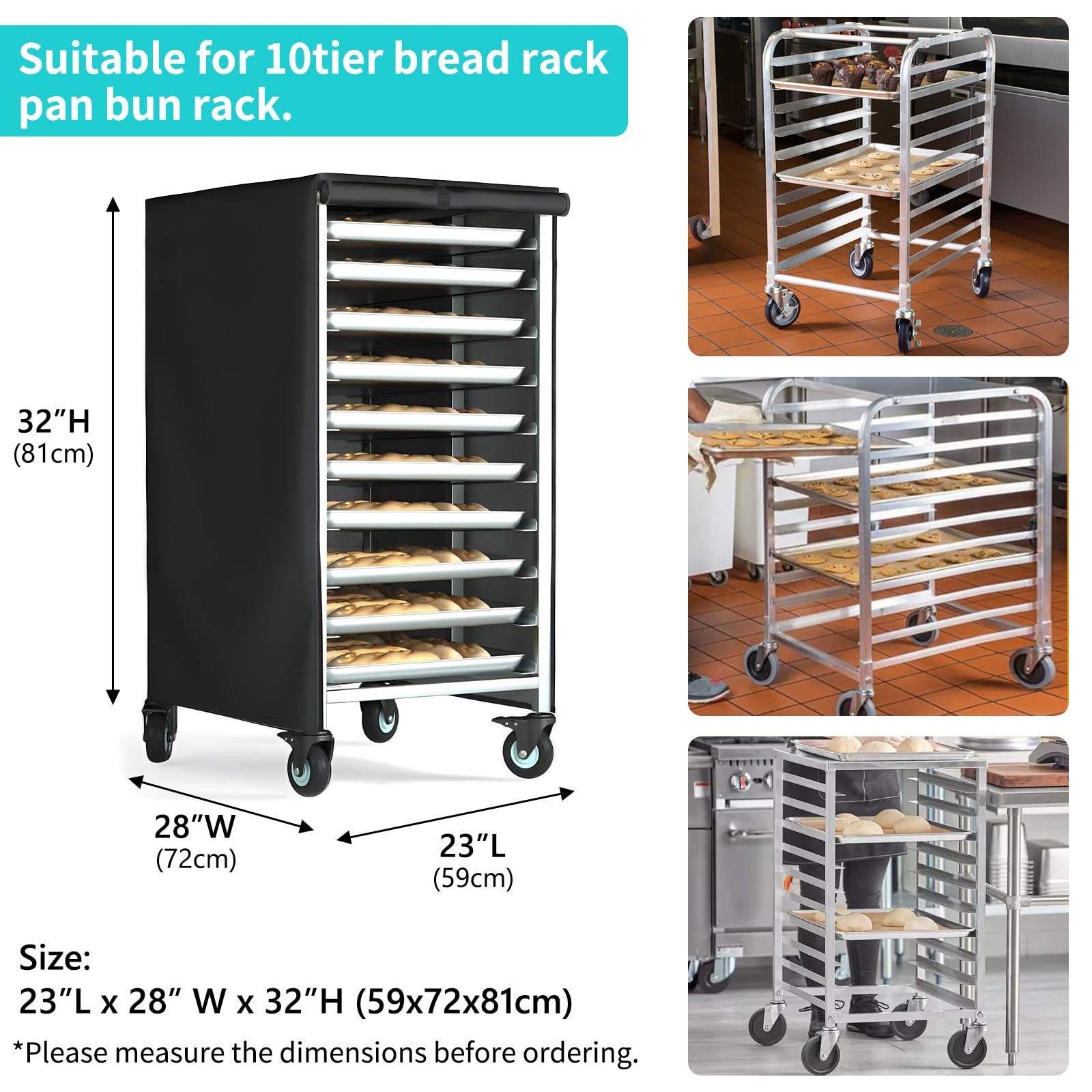 Waterproof & Dustproof Bread Rack Cover 23x28x32 Inches - High Density Bakery Bread Pan Cover with Zipper, Black - Perfect for Commercial Bakeries, Restaurants & Food Storage