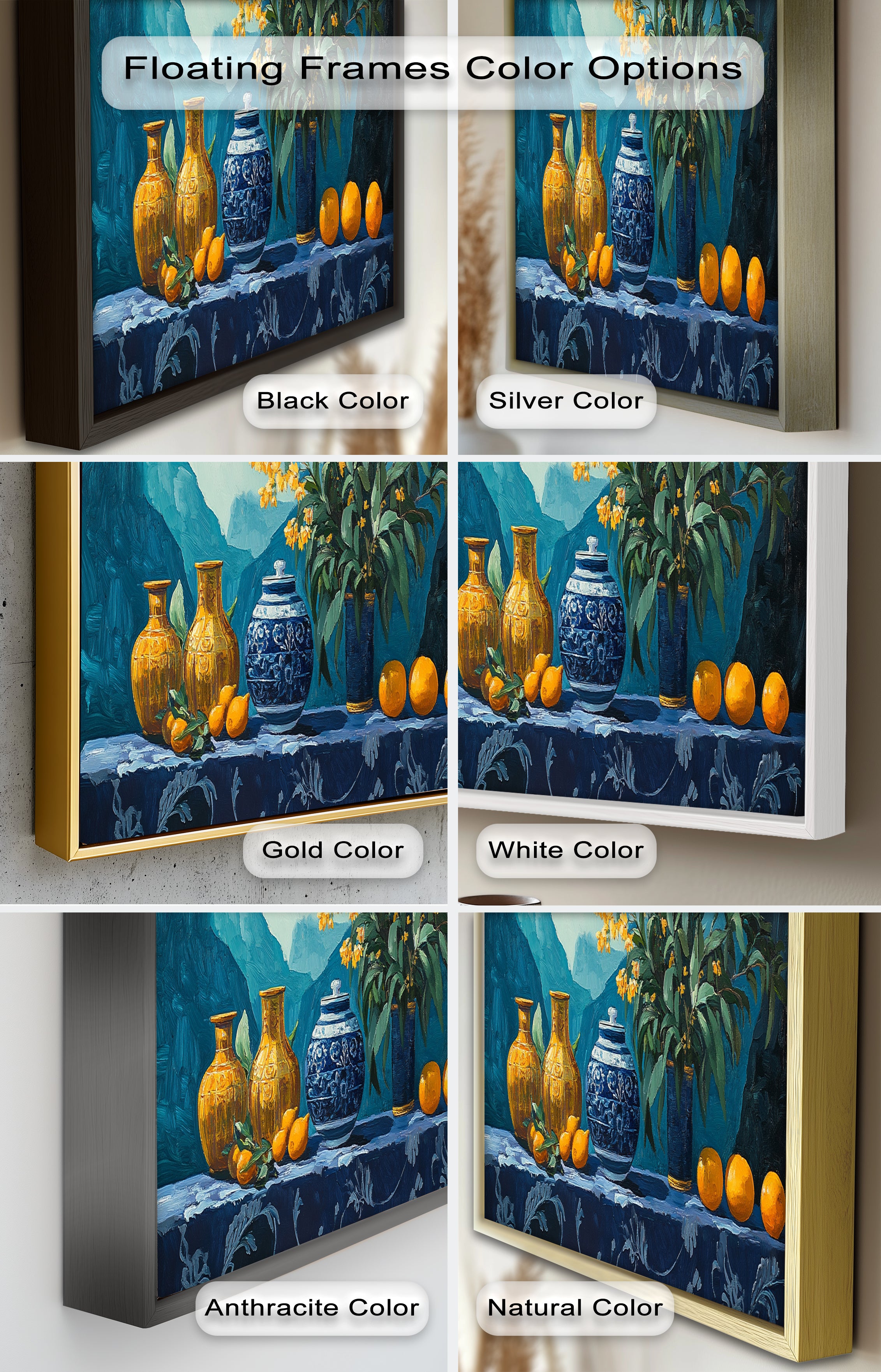 Blue & Yellow Citrus Still Life Vase - Handmade Framed Oil Painting for Home Decor, Living Room, Dining Room Wall Art