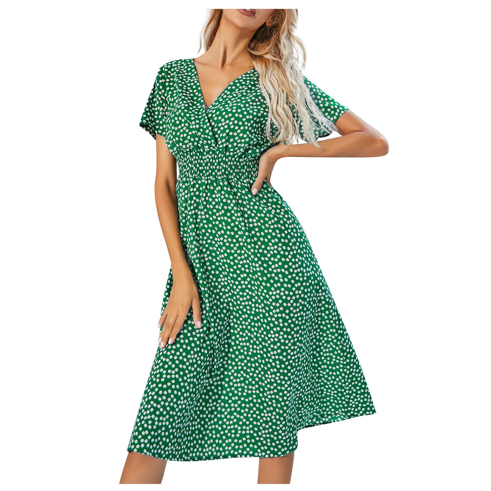 Women's Summer Beach Dress with Built-in Shorts - Sexy V-Neck Printed Midi Skirt, Elastic Waist Casual Dress for Trendy Plus Size (XL, Green) | Perfect for Beach Vacations, Pool Parties & Summer Outings