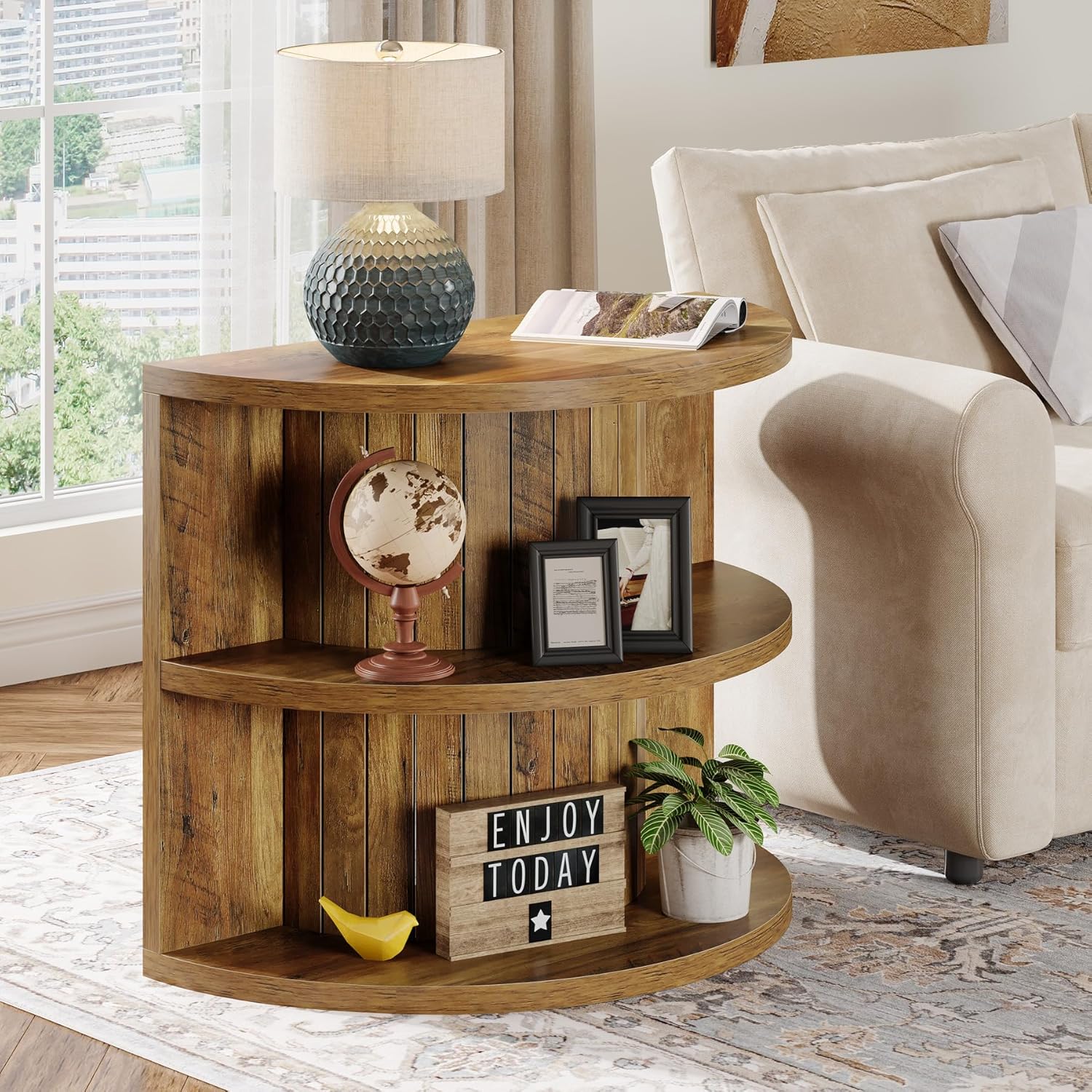 3 Tier End Table with Storage Shelves - Half Round Wooden Side Table for Living Room, Bedroom & Office - Compact Space-Saving Furniture for Small Apartments