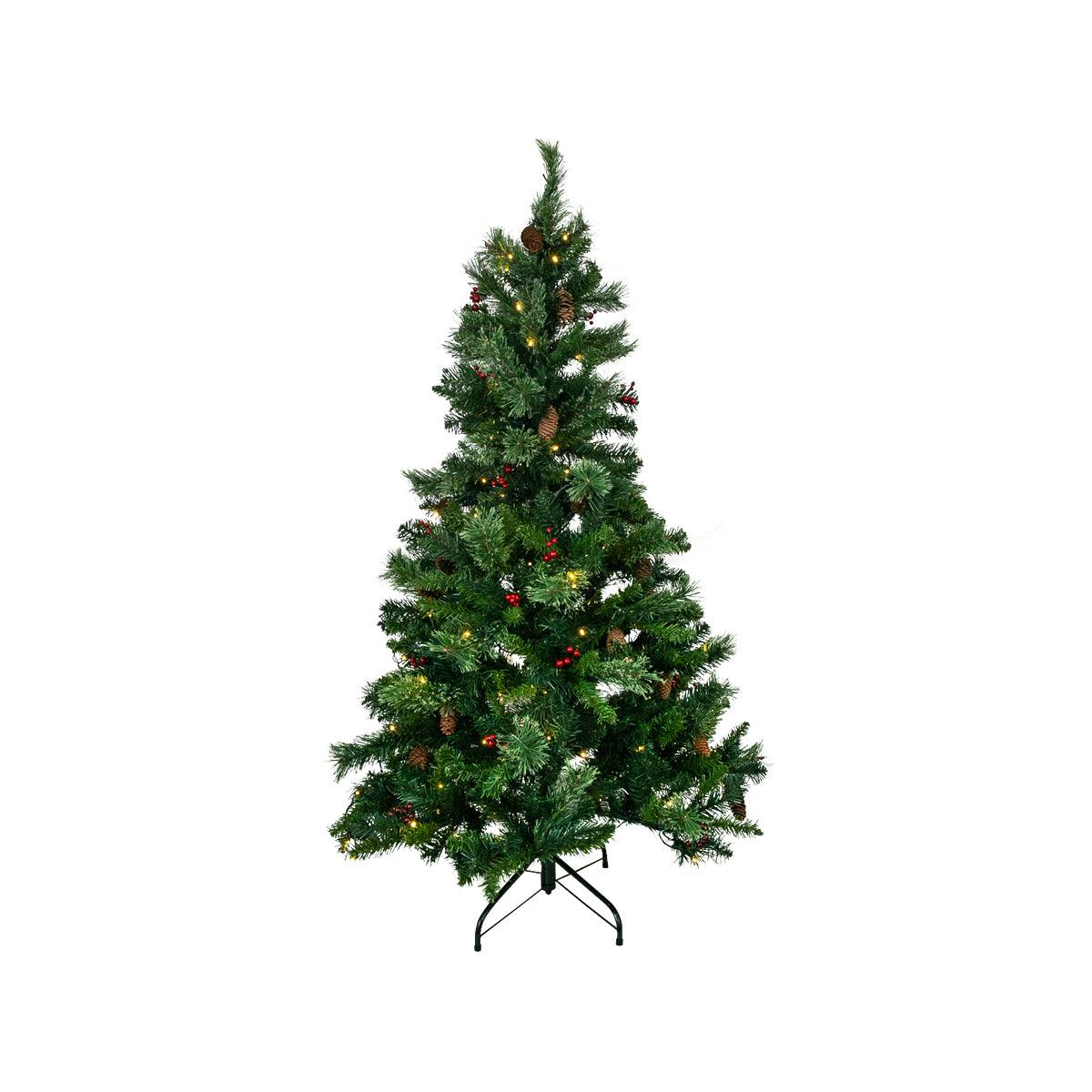 4Ft Pre-Lit Christmas Tree with Green Pine Needles, Red Berries, and Pine Cones - Perfect for Holiday Home Decor, Office, and Party Festive Atmosphere