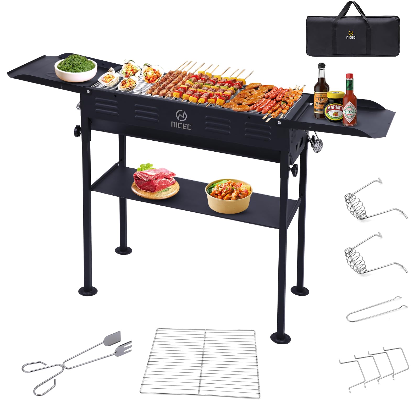 Portable Charcoal Grill for Camping - Folding BBQ Grill with Side Table, Storage Shelf & Carry Bag - Stainless Steel Hibachi Skewer Grill for Outdoor Cooking, Picnics, Backyard & Tailgating (Black)
