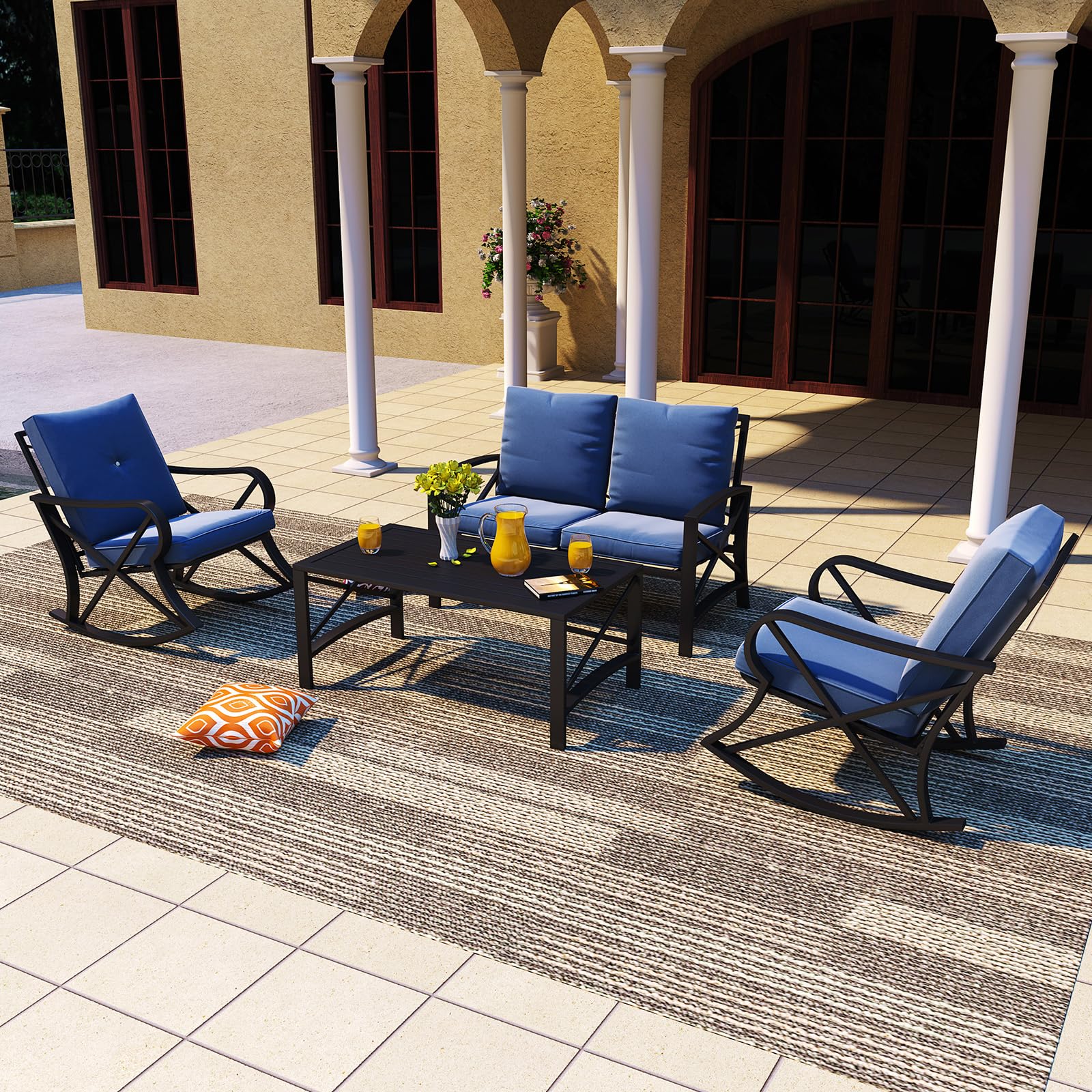 Modern Outdoor Patio Furniture Set - 5-Piece Metal Frame Sectional Sofa with Rocking Chair, Loveseat & Coffee Table - Blue Cushioned Conversation Set for Poolside, Lawn, Garden & Backyard Relaxation