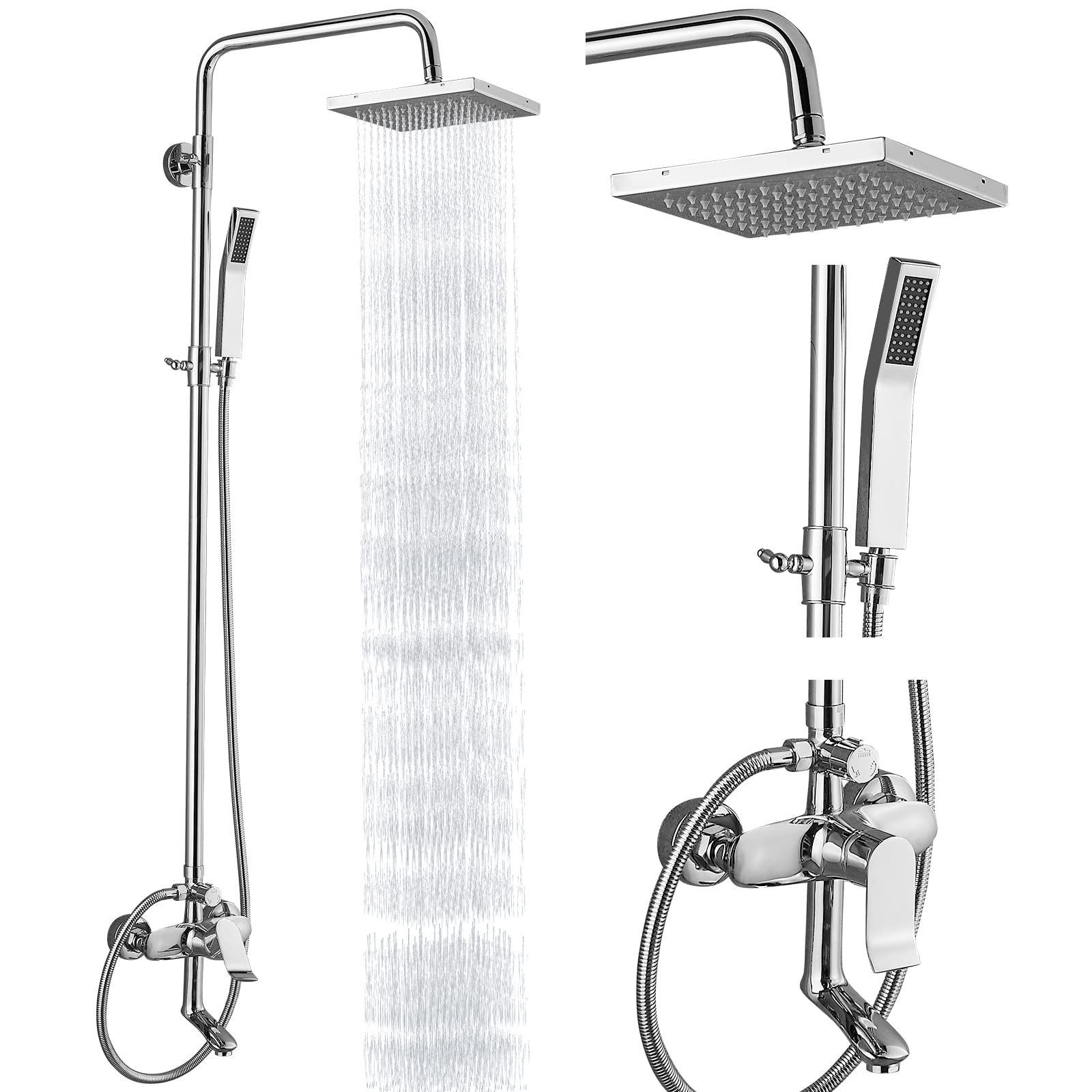 Polished Chrome 3-Function Exposed Shower System with 8 Inch Square Rainfall Shower Head - Wall Mount Bathroom Faucet Set for Modern Luxury Showers | Perfect for Master Bathrooms & Spa-Like Experiences
