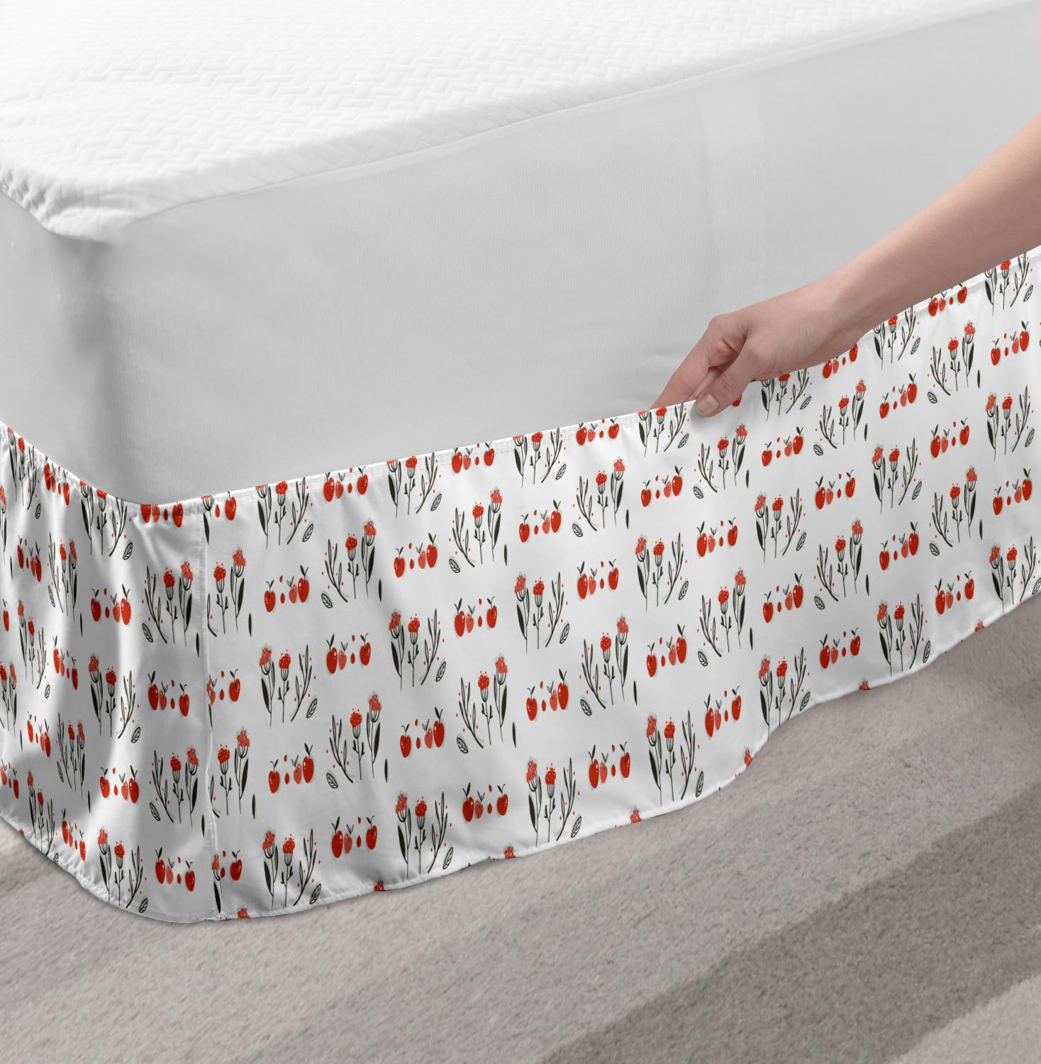 Ambesonne Floral Elastic Bed Skirt - Queen Size White Vermilion with Apples, Flowers, Leaves & Berries Design - Wrap Around Dust Ruffle for Bedroom Decor - Perfect for Home, Guest Room & Hotel Styling