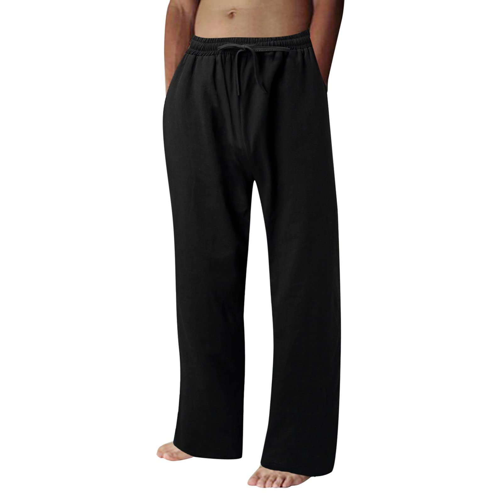 Breathable Summer Men's Casual Cotton Pants - Solid Color Lace-Up Trousers with Pockets | Perfect for Outdoor Activities, Travel & Daily Wear