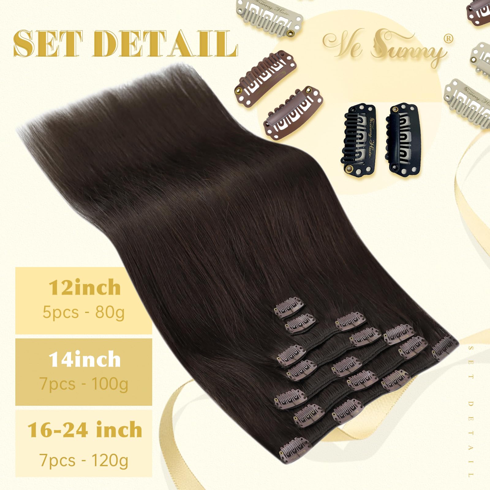 Ve Sunny 24inch Chocolate Brown Clip in Human Hair Extensions - 120g Real Hair Clip Ins for Women | Perfect for Parties, Weddings & Daily Styling