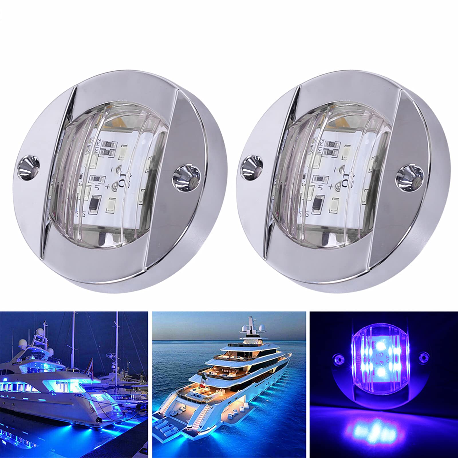 4Pcs 3 Inch Round Chrome Marine LED Navigation Lights - IP67 Waterproof Blue Transom Mount Stern Anchor Lights with Clear Lens, 6-2835 SMD, 12V Boat LED Lamps for Yachts, Boats & Marine Vessels | Perfect for Night Fishing & Water Safety