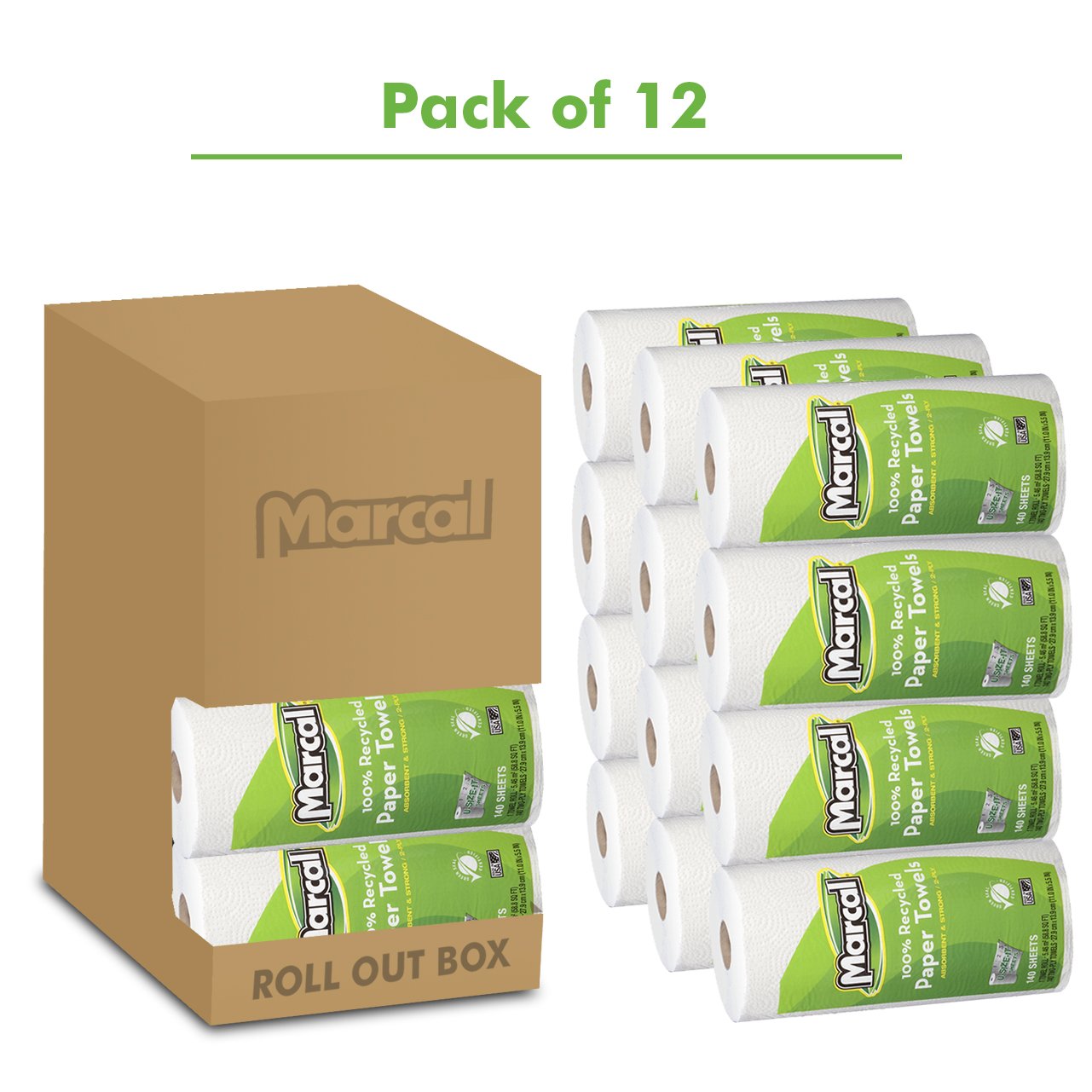 Marcal Green Seal Certified 100% Recycled Paper Towels - 2 Ply, 140 Sheets Per Roll, 12 Rolls Per Case (U-Size-It Sheets) | Eco-Friendly Kitchen & Cleaning Supplies for Home, Office & Commercial Use