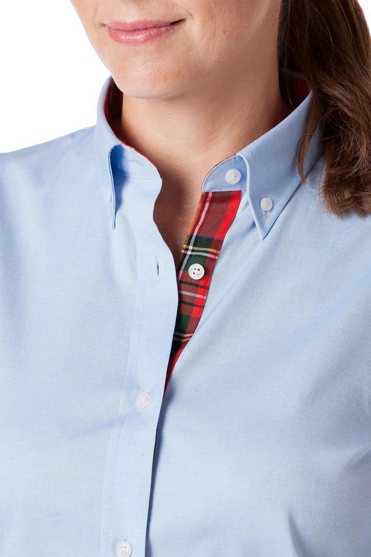 Women's Blue Oxford Button Down Shirt with Royal Stewart Plaid Trim - Perfect for Office Wear, Casual Outfits & Business Casual Attire