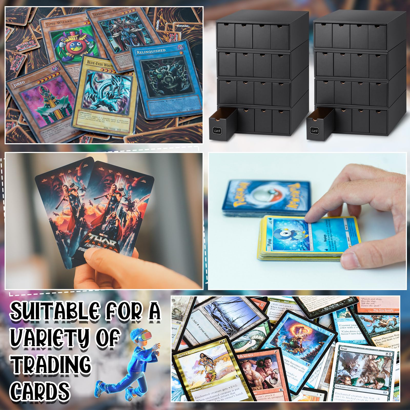Resurhang 19200+ Trading Card Storage Box with Separate Compartments & Label Stickers - Soccer Sports Card Organizer for TCG, MTG, Pokemon (8 Sets, Black) - Perfect for Card Game Tournaments & Collectors Display
