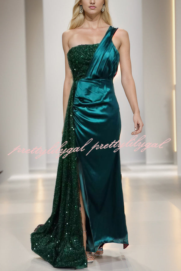 Taylor Sequin Velvet Patchwork One Shoulder Ruched Slit Prom Maxi Dress for Women - Elegant Evening Gown for Homecoming, Party, Wedding & Special Occasions
