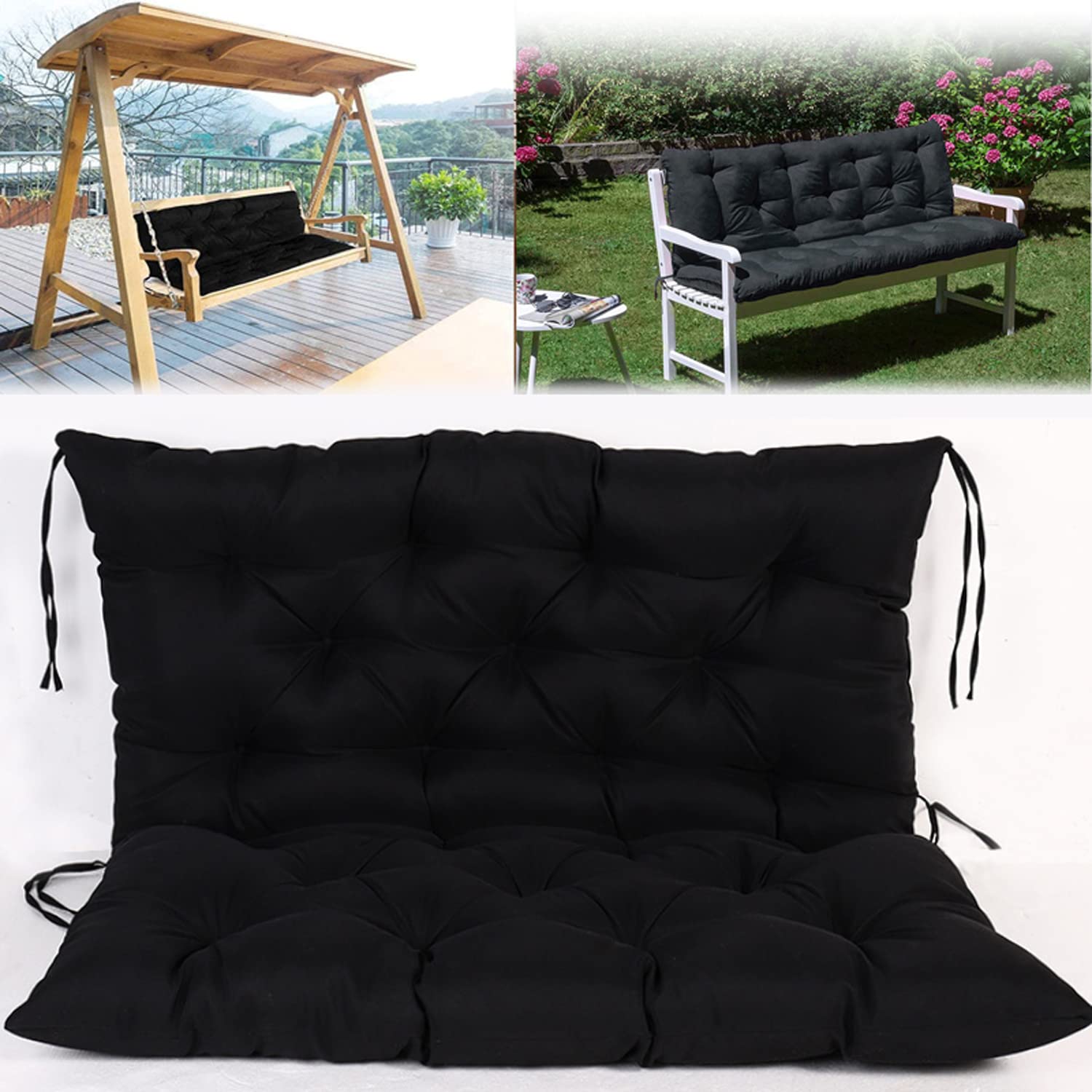 **Waterproof Outdoor Bench Cushion with Backrest & Ties – Soft Non-Slip Garden, Porch, Patio, Swing Seat Pad – Overstuffed Comfort (Black, 40x40 Inch) – Perfect for Relaxing in Gardens, Decks & Outdoor Lounging**