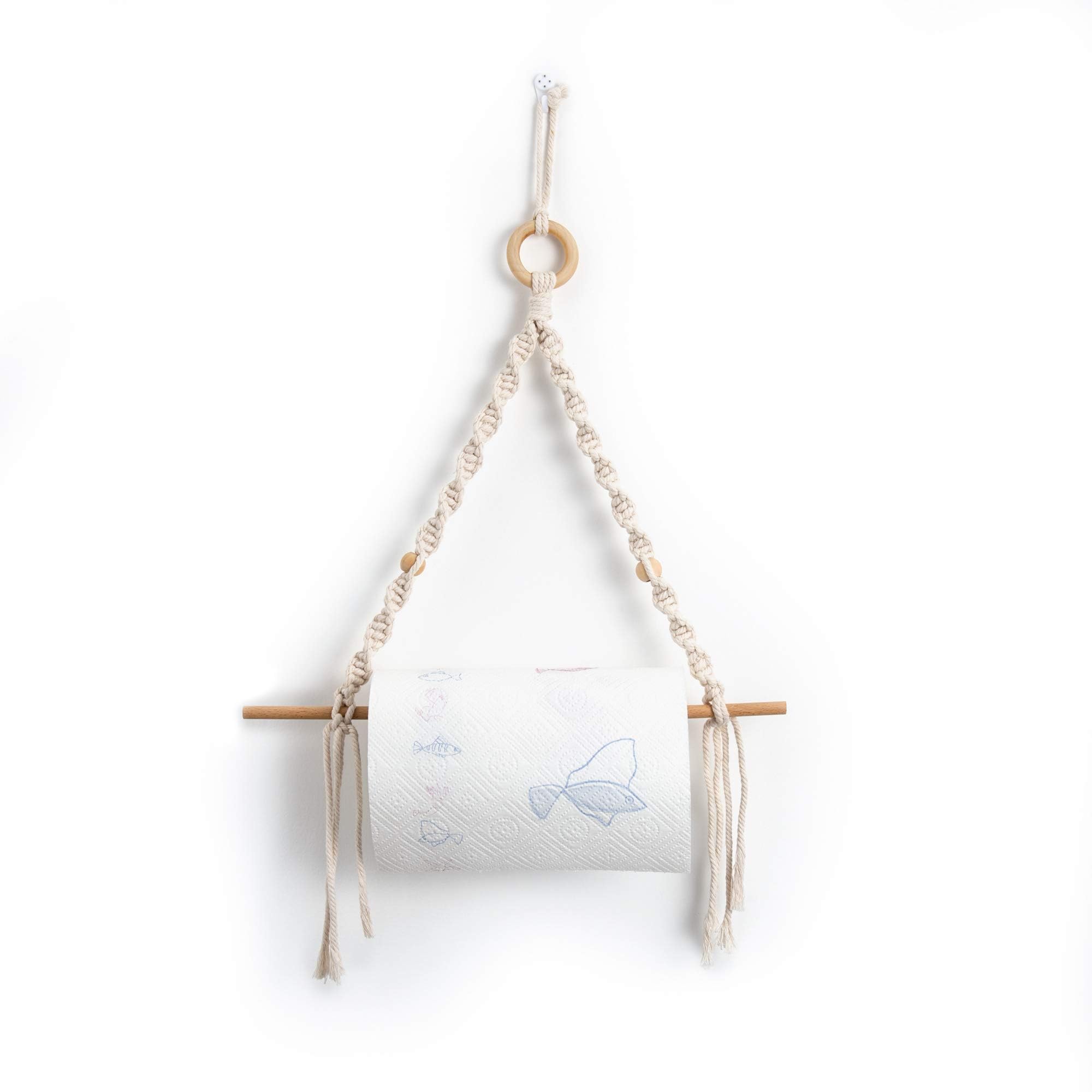 Handmade Boho Paper Towel Holder - Cotton Rope Macrame Toilet Paper & Towel Rack for Bathroom, Kitchen | Rustic Farmhouse Decor for Home, Office, RV