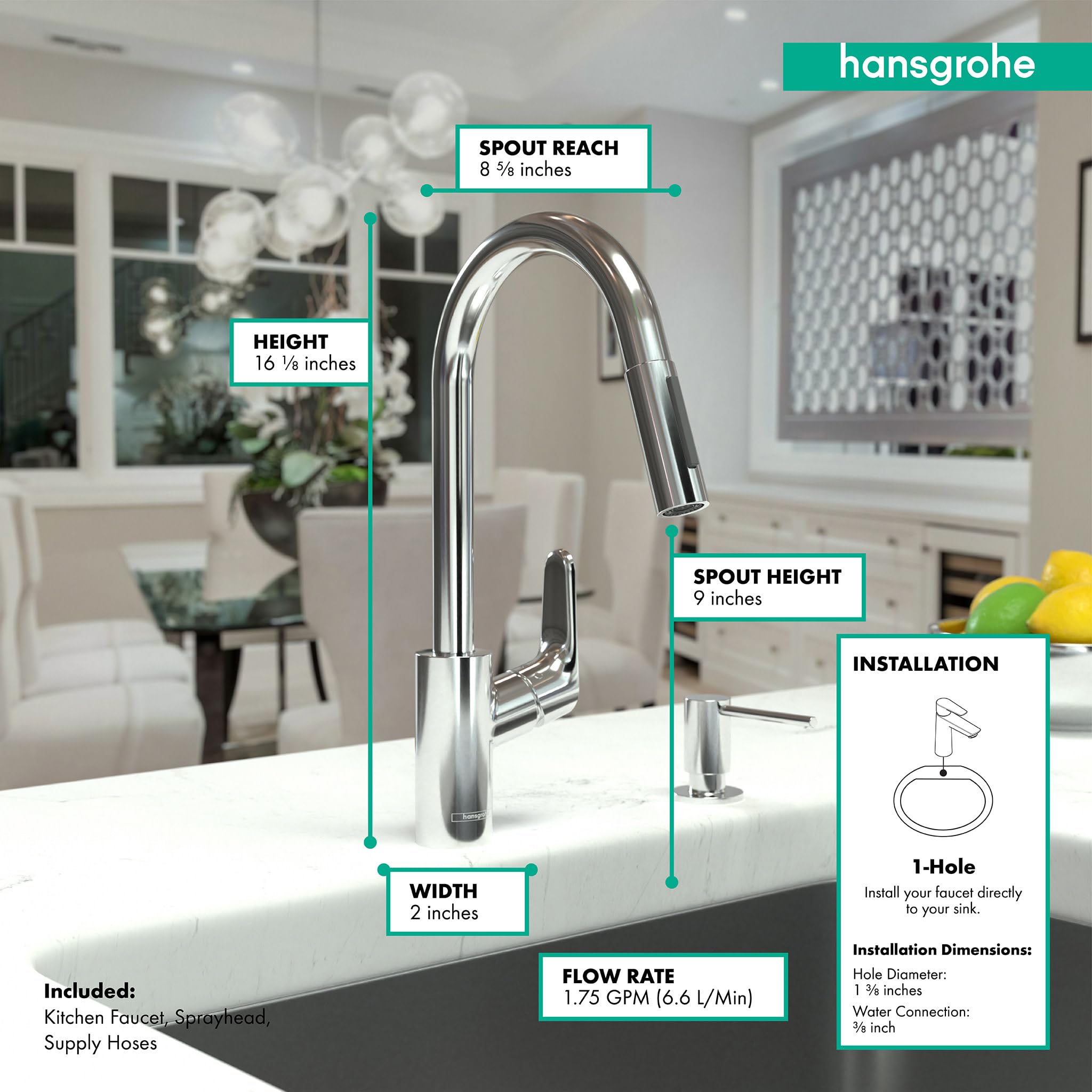 Hansgrohe Focus Chrome High Arc Pull-Down Kitchen Faucet with Magnetic Docking Spray Head - 04505000 | Modern Sink Faucet for Easy Dishwashing & Food Prep