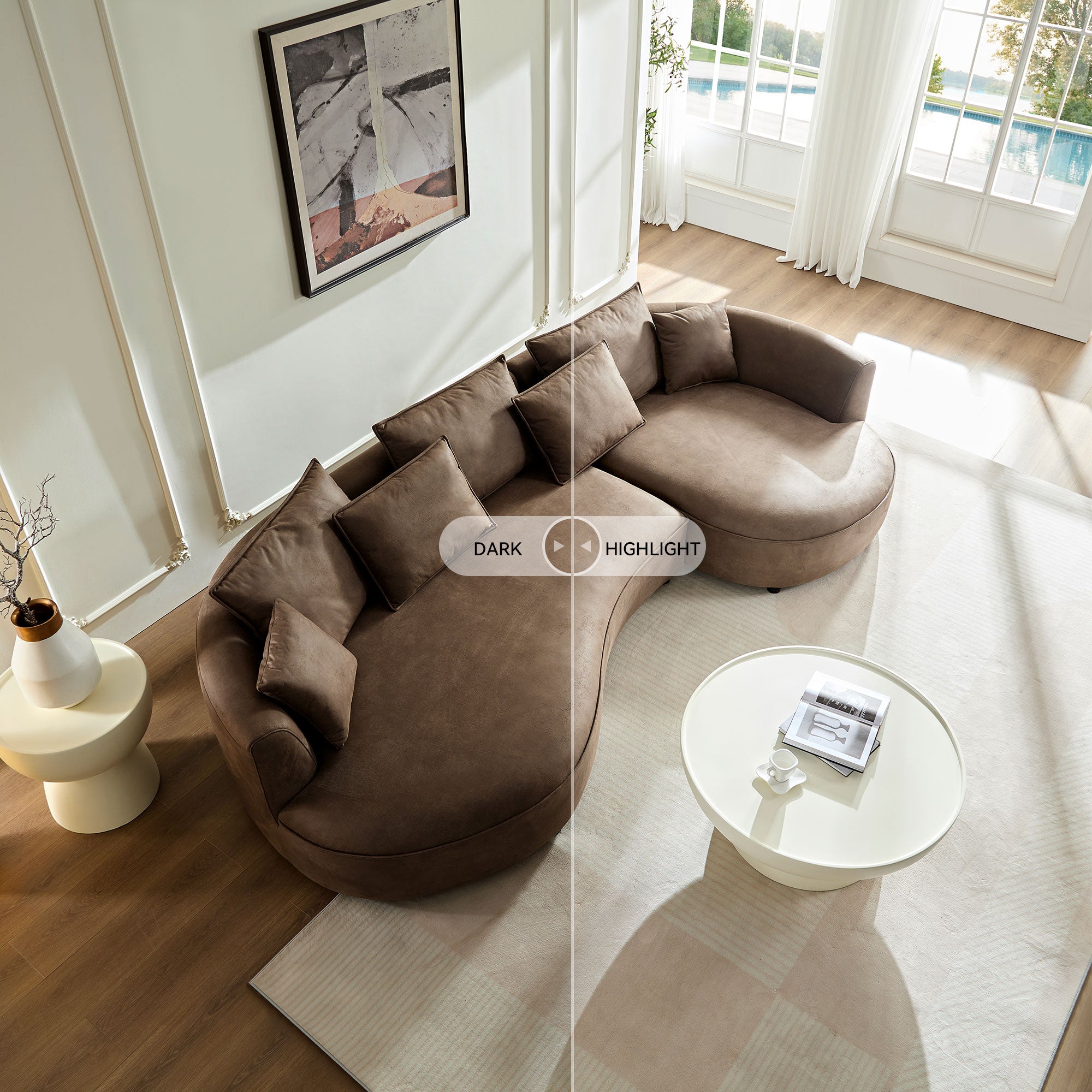 128.74 Inch Modern Sectional Curved Sofa with Leathaire Upholstery - 5-Seater L-Shaped Couch for Living Room, Apartment & Office - Brown Fabric Sofa Set | Perfect for Family Gatherings, Movie Nights & Contemporary Home Decor